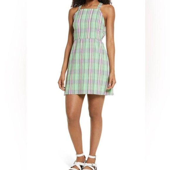 NEW Print Square Neck Cotton Minidress in Green Multi Twill Plaid - Size Small - Picture 1 of 13